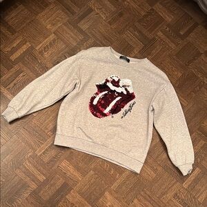 Zara Size XS Rolling Stones Sequin Graphic Sweatshirt - Gray